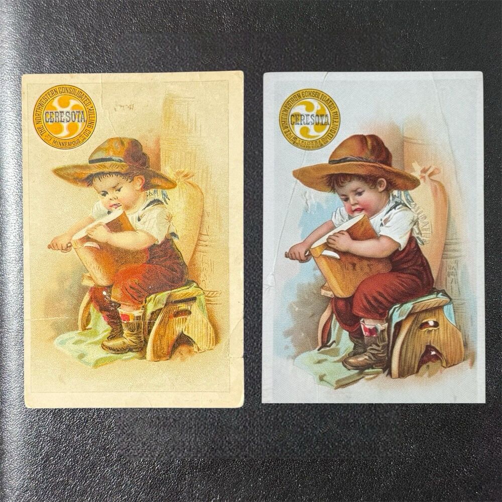 Pair 1905 & 1906 Ceresota Flour Trade Cards Gold Seal Boy Cutting Bread